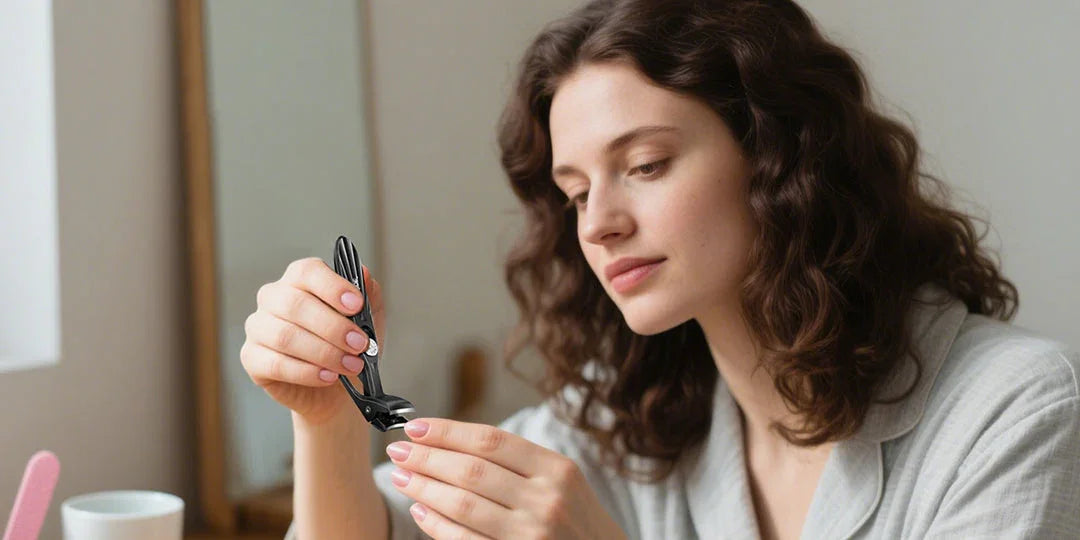 Woman using black nail clippers at home for nail care and grooming