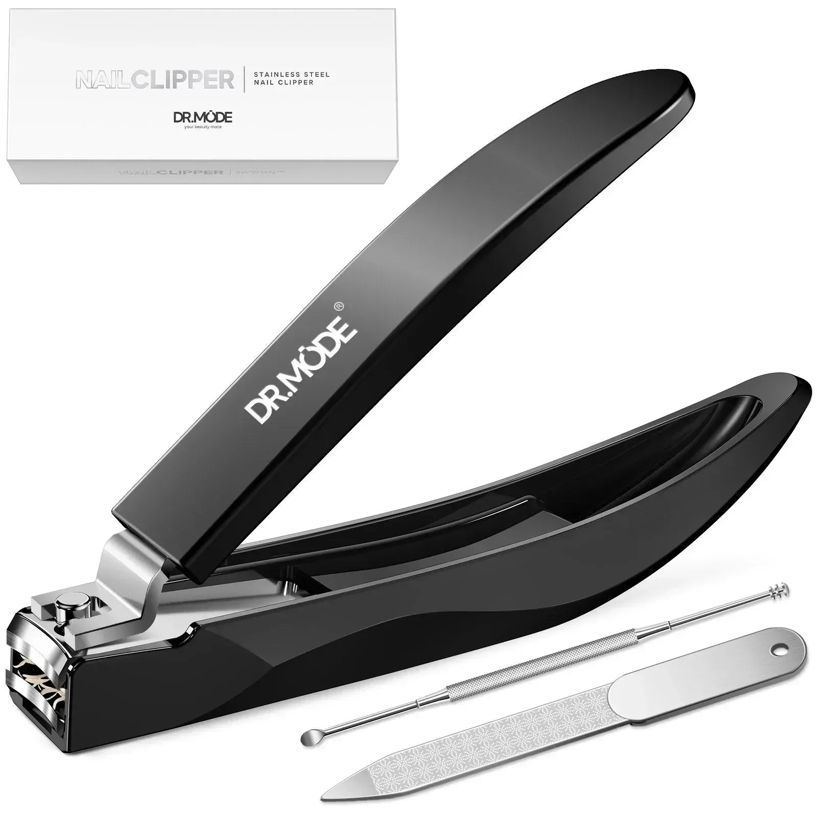 Black stainless steel nail clipper set with file and cuticle pusher, closeup with box.