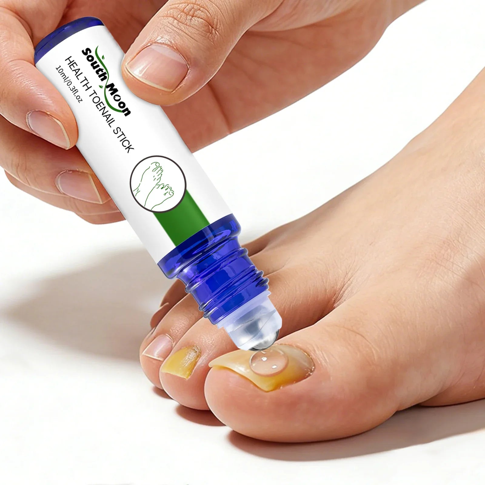 Applying toenail treatment liquid to discolored toenail with a roll-on applicator