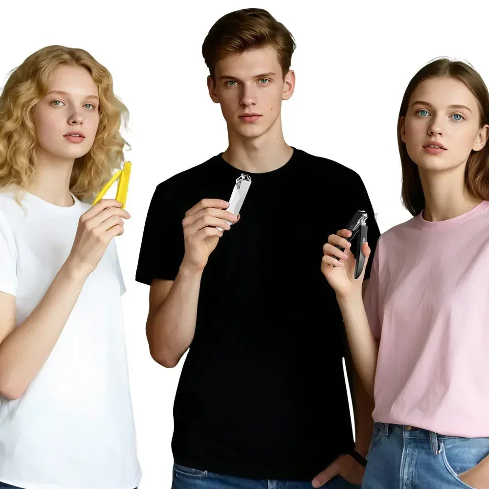 Three people holding nail clippers, showcasing different nail care tools on white background.