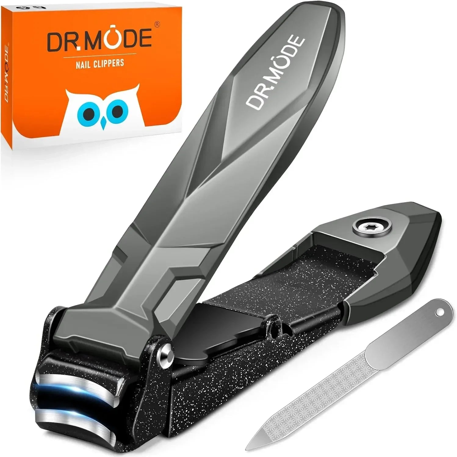 Stainless steel nail clippers with nail file and orange box, modern grooming tool