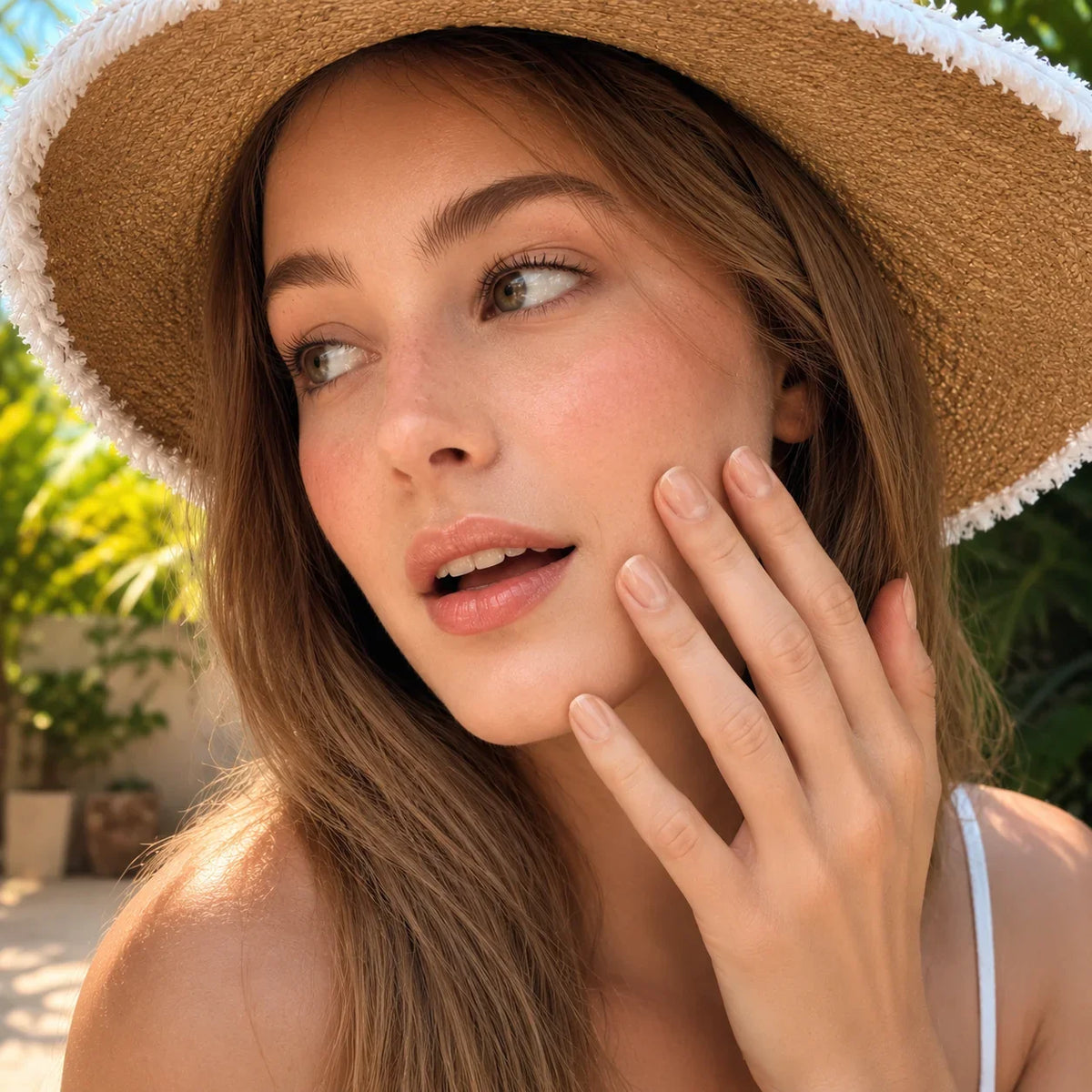 Woman showing perfect natural smooth healthy nails after using crystal glass nail file, shiny natural nail finish for everyday clean beauty look