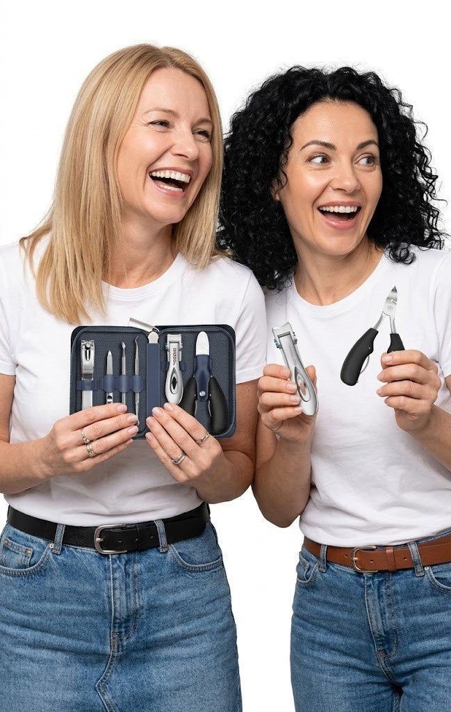 Two smiling women holding a complete professional manicure and pedicure tools kit featuring toenail clippers, fingernail clippers, nail file and other nail grooming essentials for versatile trimming at home or on the go