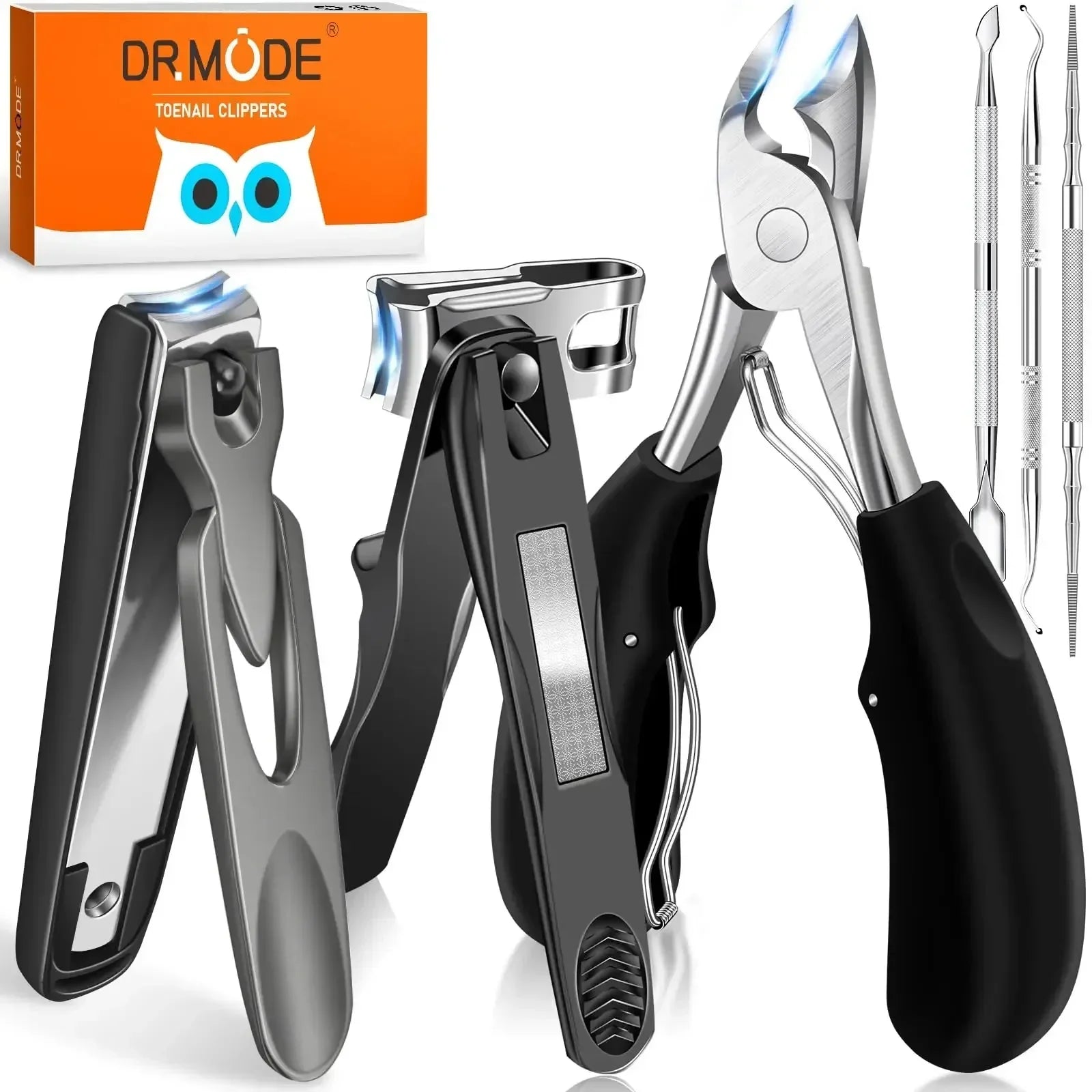 Wide jaw opening toenail clippers set for thick nails with ergonomic handles and nail tools
