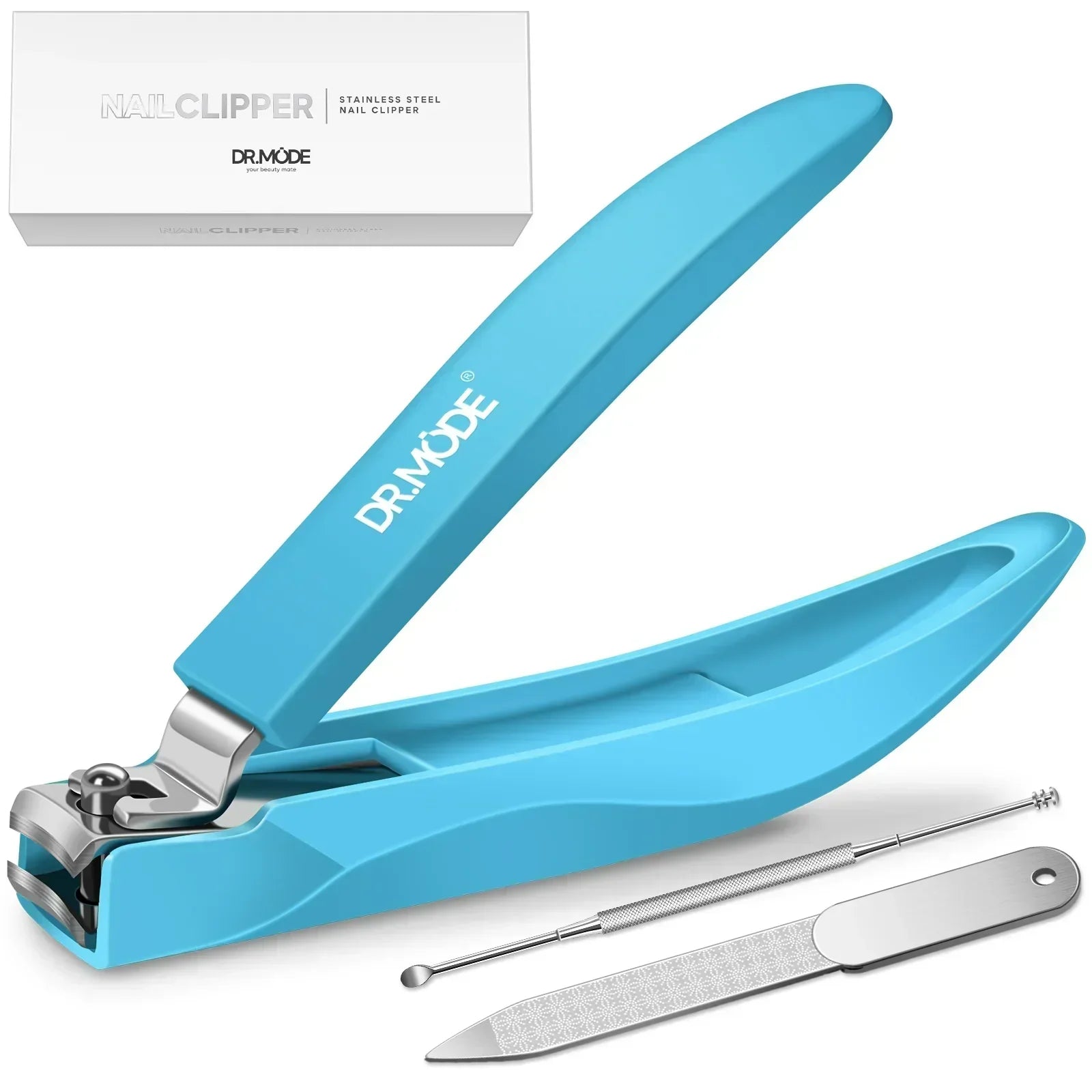 Blue nail clipper set with stainless steel nail file and cuticle pusher on white background.