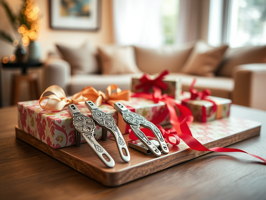 Decorative nail clippers on wrapped gift boxes with festive ribbons in a cozy living room