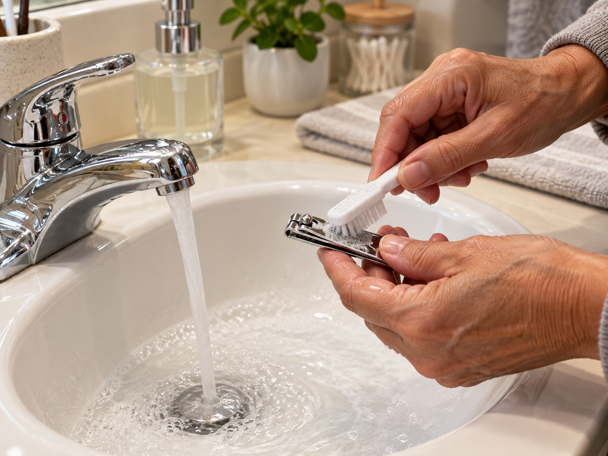 A person brushes a silver nail clipper over a bathroom sink