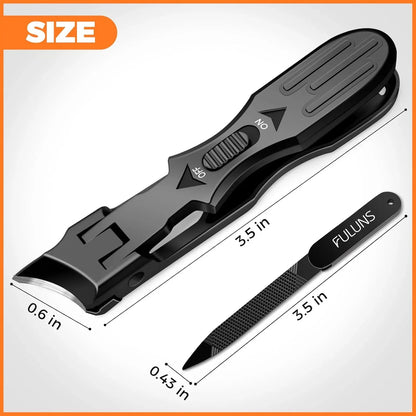 Black nail clipper and nail file set with size measurements, grooming tools for nails