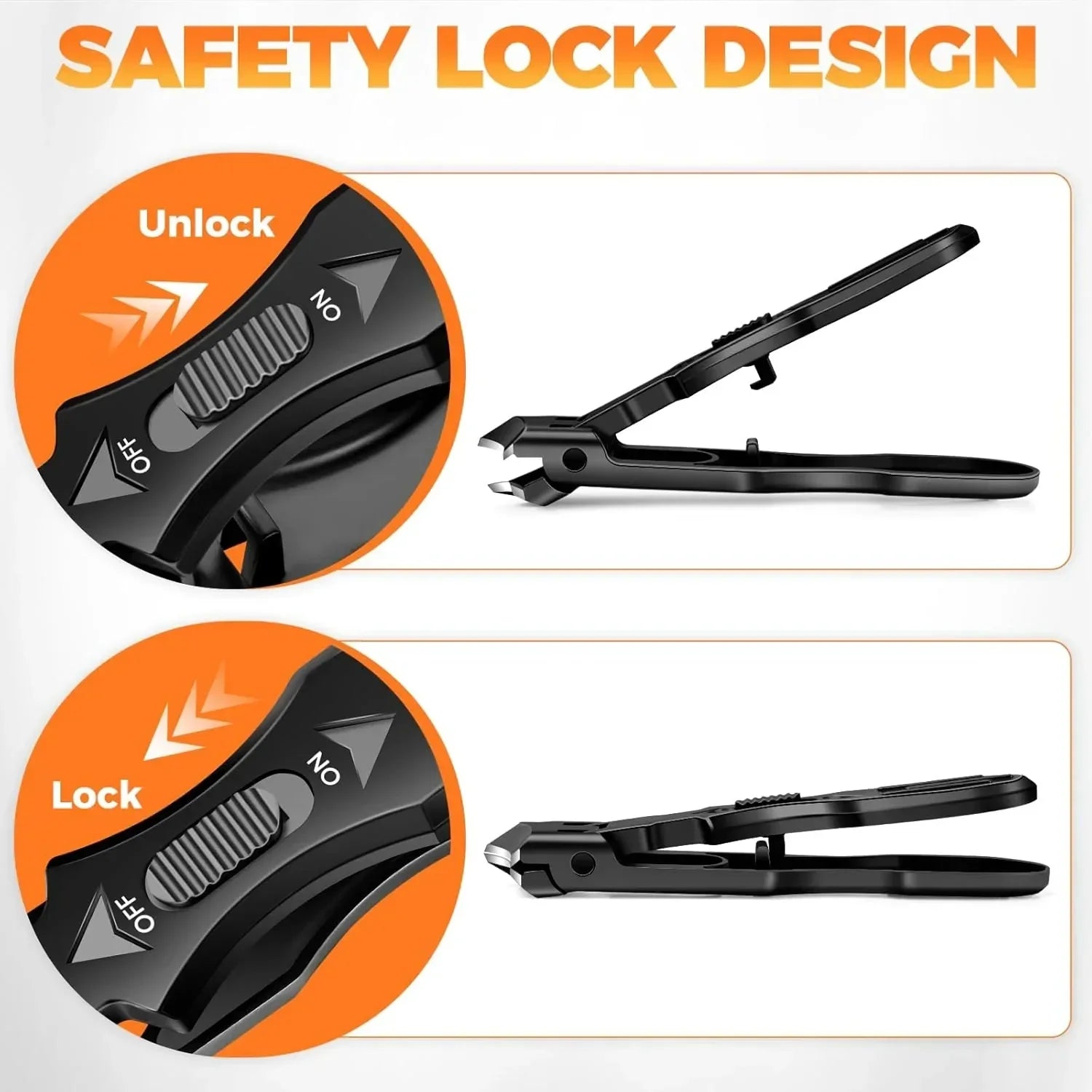 Black nail clippers with safety lock design, shown in open and closed positions.