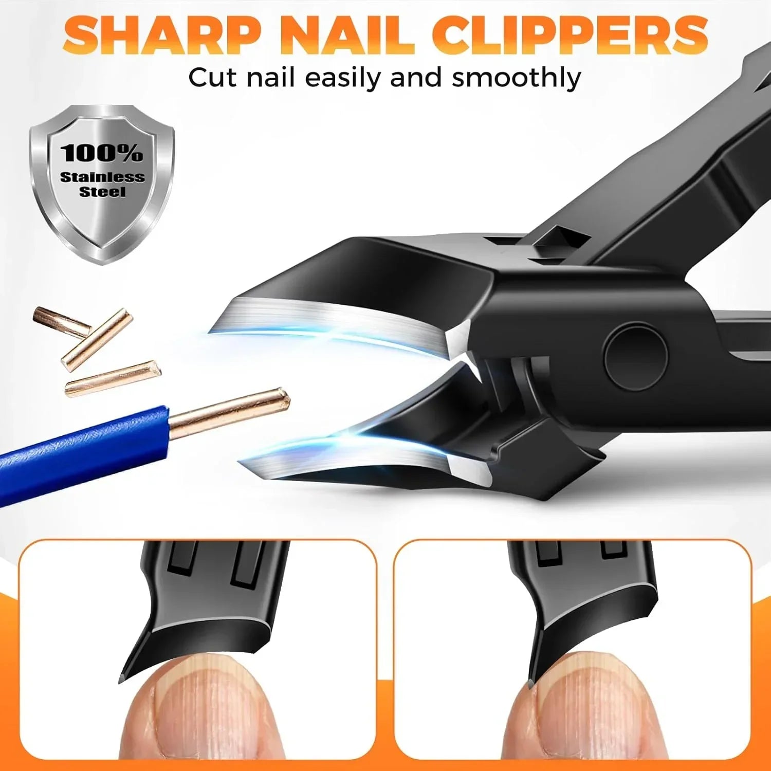 Stainless steel sharp nail clippers cutting nails, close-up on black ergonomic design.