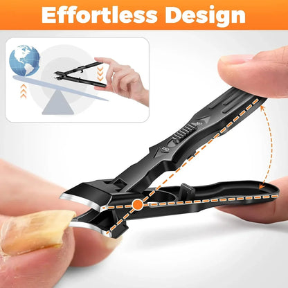 Ergonomic nail clipper cutting a fingernail, featuring a non-slip handle and effortless design.