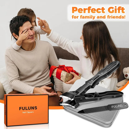 Family exchanging a gift box with Fuluns nail clippers set displayed in foreground.