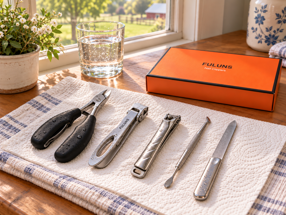 Silver nail clippers and grooming tools drying on a towel beside an orange FULUNS box